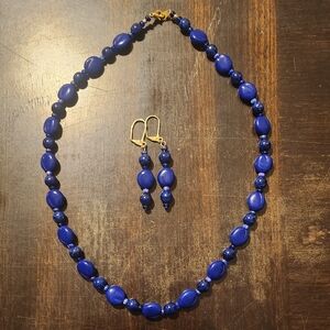 19" Cobalt blue plum bead necklace with matching earrings